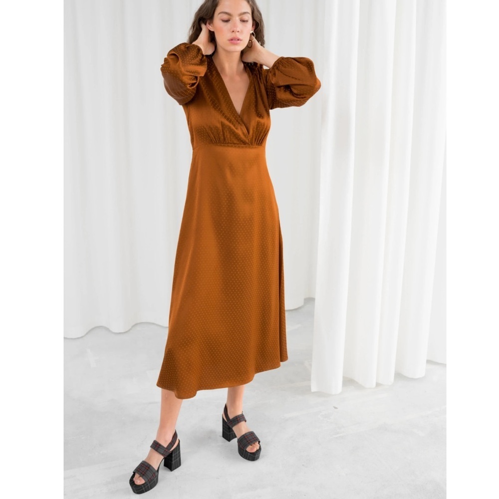 & Other Stories Long Sleeve Satin Copper
Metallic Midi Dress Size 10